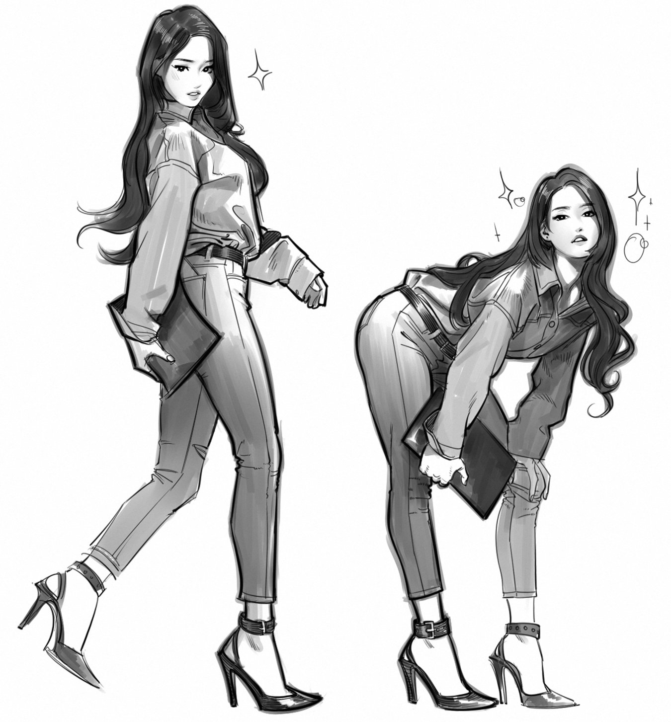 the image is a black and white fashion illustration of a woman in two different poses. she is wearing high heels, jeans, and a loosefitting shirt. in one pose, she is walking, and in the other, she is bent over, showcasing a more exaggerated posture. the style is reminiscent of quick fashion sketches, focusing on line and form over intricate detail.