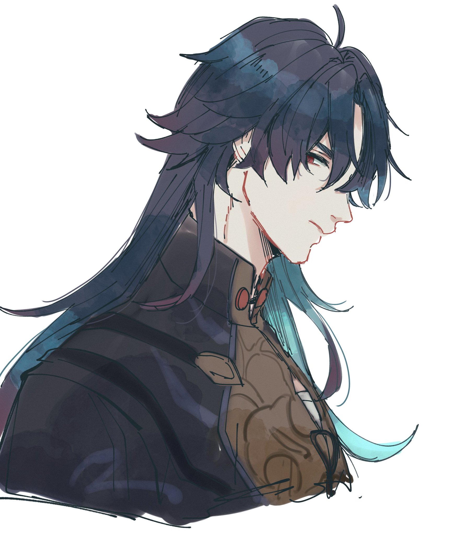 this is a digital illustration of scaramouche from genshin impact. he is drawn in a manga/anime style. he has long blue and black hair that covers most of his face, making it only partially visible. he is wearing a black and brown jacket with intricate detailing. his eyes are closed and he is looking away from the viewer. the background is white.