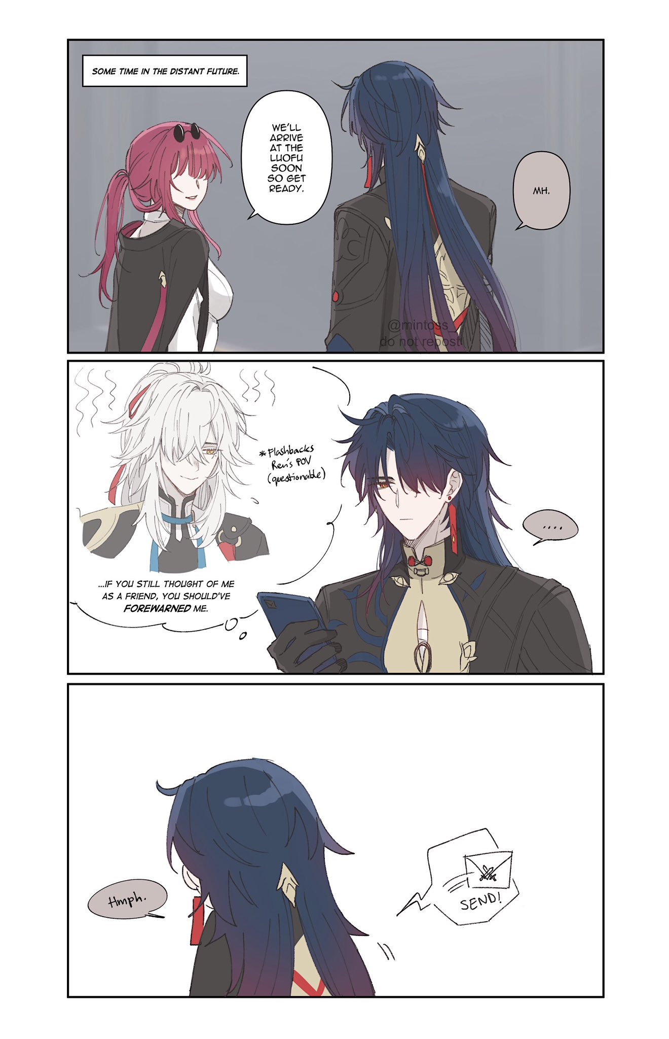 the image is a comic panel from a manga/anime.  it shows two male characters interacting with each other, with the dialogue and speech bubbles highlighting their relationship. the first panel shows two people, one with long black hair and the other with bright red hair, looking away from each other. the second panel shows the long black hair character speaking, revealing the context that they were talking about meeting at a place. the third panel shows the long black hair character speaking again, and the short red hair character is revealed to be a woman. the woman is shown in a speech bubble reflecting on how they should have been forewarned before meeting. the fourth panel shows a third character, a woman with blue hair, sending a message with her phone, hinting at some plot development in the story.
