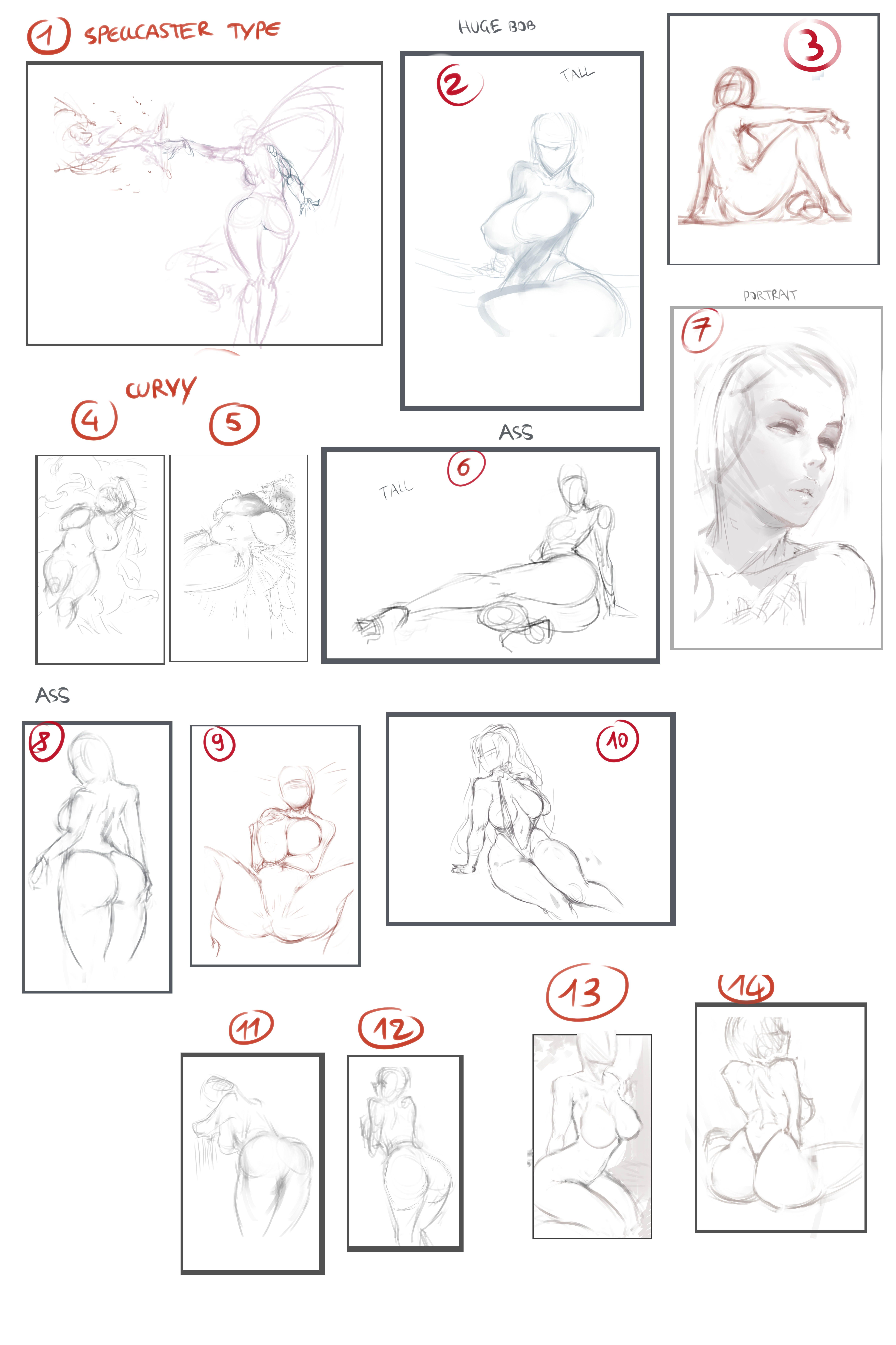a page with fourteen numbered sketches of female figures in various poses. the sketches are done in a light, loose style, focusing on gesture and form rather than detail.  the artist has made notes on some of the drawings, such as "spellcaster type," "huge," "curvy," and "ass." this suggests the artist is exploring different body types and poses for potential character designs.