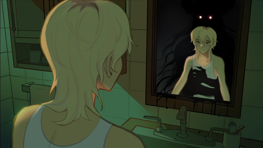 a young adult with short blond hair, wearing a white tank top, stands in a dimly lit bathroom, their back to the viewer.  they stare into the mirror, their reflection consumed by a shadowy monster with glowing red eyes. the monster's claws grip the reflection's shoulders, suggesting entrapment and fear. the greentinted lighting creates an eerie and unsettling atmosphere.