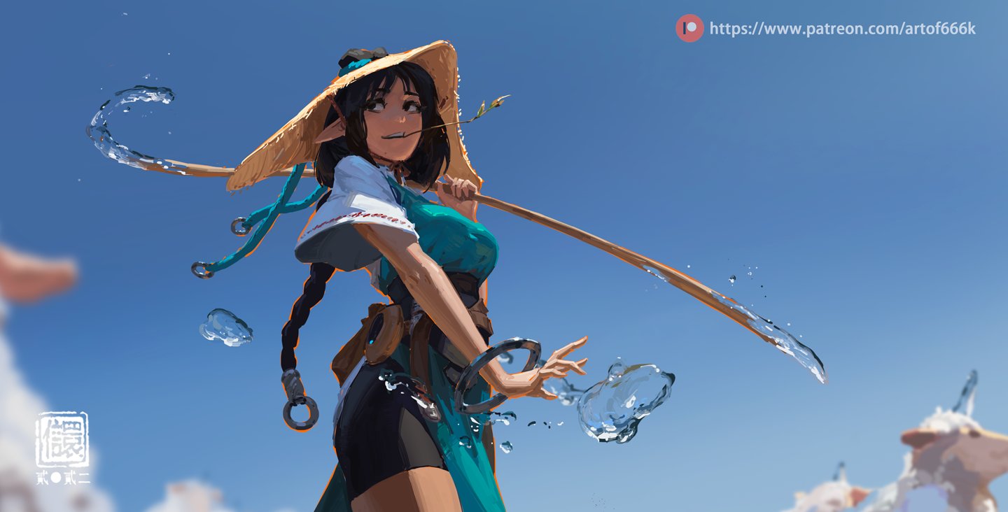 the image is a vibrant digital painting of a young animestyle elf girl with long dark hair and elf ears. she is wearing a teal and white dress, a straw sun hat, and a turquoise ribbon. she holds a long pole from which water streams are flowing and shaping into droplets. she is positioned against a clear bright blue sky with a few vague shapes suggesting clouds or structures in the far background. the overall style is whimsical and peaceful, suggesting a magical or fantasy setting.  the artist's patreon information is present in the image. the artist's signature is also included.
