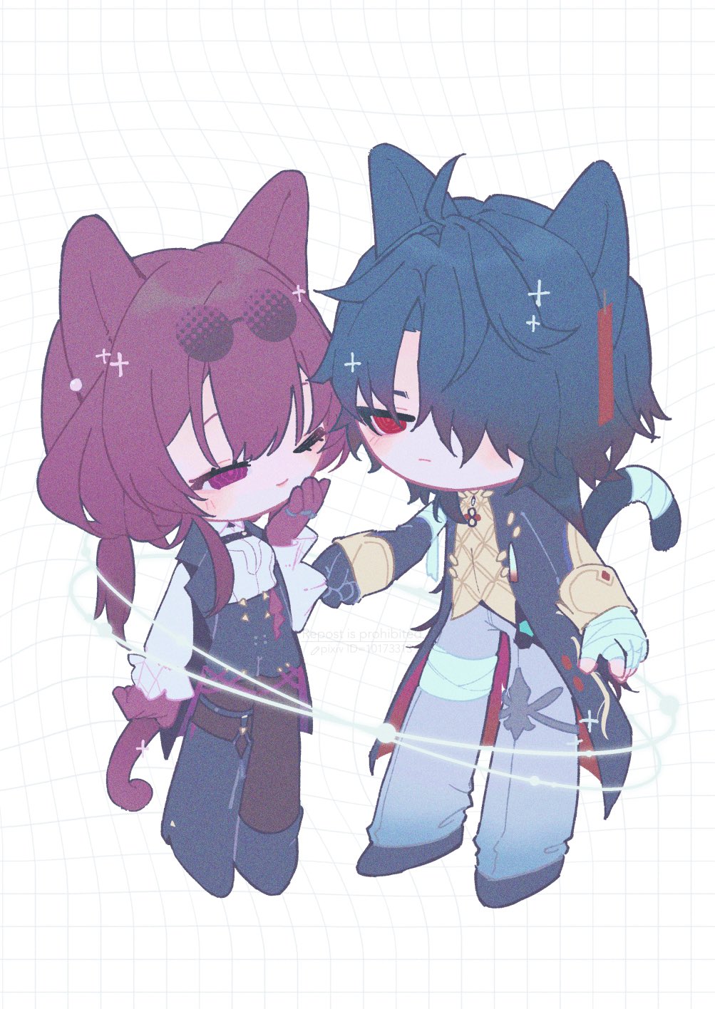 this is a digital illustration of a cute anime couple.  the girl is dressed in a black and purple outfit with a pink and purple cat ears and a white fluffy tail. she has pink hair and pink eyes. the boy is dressed in a white and blue outfit with black and blue cat ears and a white fluffy tail. he has blue hair and red eyes. they are both smiling and holding hands, and the background is a grid pattern with swirls of light.  the art style is very cute and adorable, with the characters having big eyes and small noses.