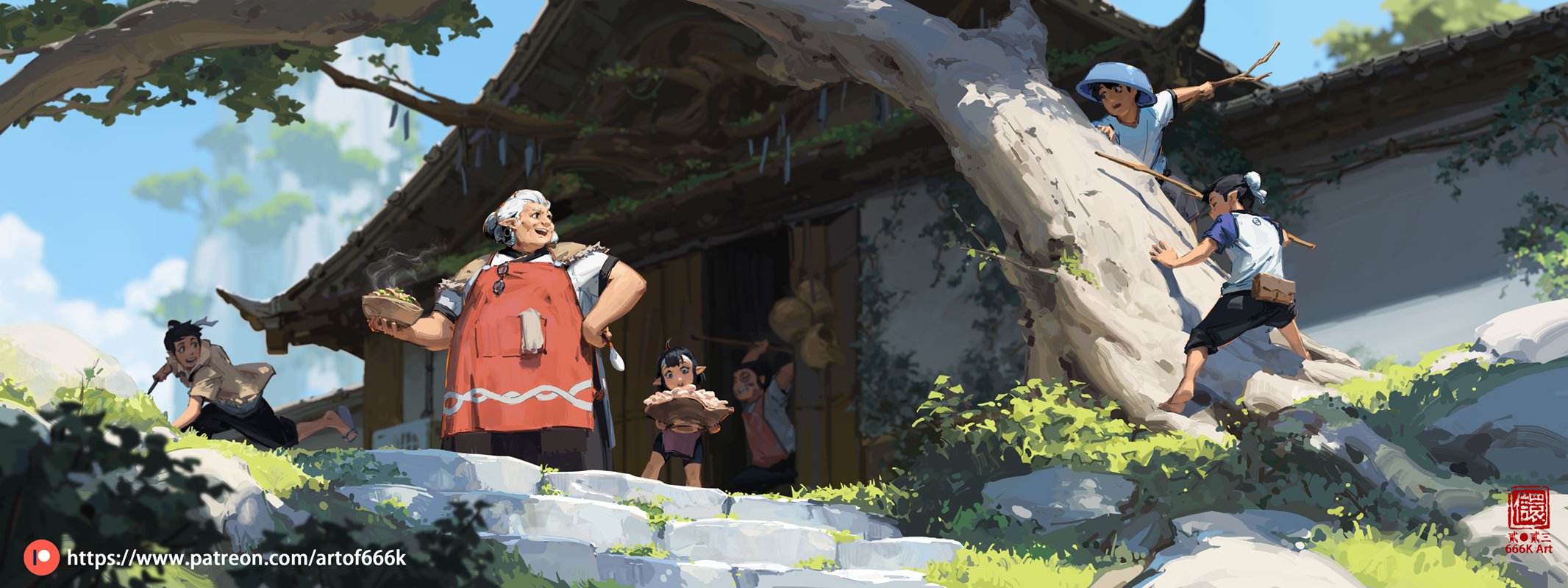 a digital painting in an anime style depicts a scene in a quaint asianinspired village. a large tree casts shade over a stone stairway leading to a house.  a cheerful, older woman with grey hair, wearing an apron, stands proudly presenting a dish of food.  several children are around her, some seemingly carrying things or heading towards the house, while two are climbing the large tree trunk.  the overall mood is peaceful and whimsical, suggestive of a story unfolding. the artwork is labeled with a watermark of "666k art".