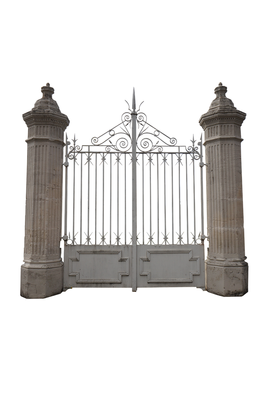 the image shows a weathered iron gate flanked by two fluted stone pillars. the gate is ornate with decorative scrolls and vertical bars, creating an elegant entrance. the overall scene suggests an entrance to a garden, estate, or historical site. the black background isolates the gate and pillars.