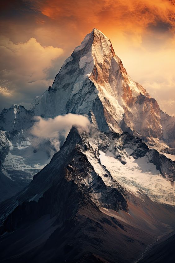 the image showcases a majestic, snowcapped mountain peak piercing the sky. its slopes, painted with hues of white and brown, descend to meet a darker, rugged mountain in the foreground. a vibrant sunset paints the sky with fiery orange and red tones, casting a warm glow on the peaks. wispy clouds dance around the summit, adding a touch of ethereal beauty to the scene.