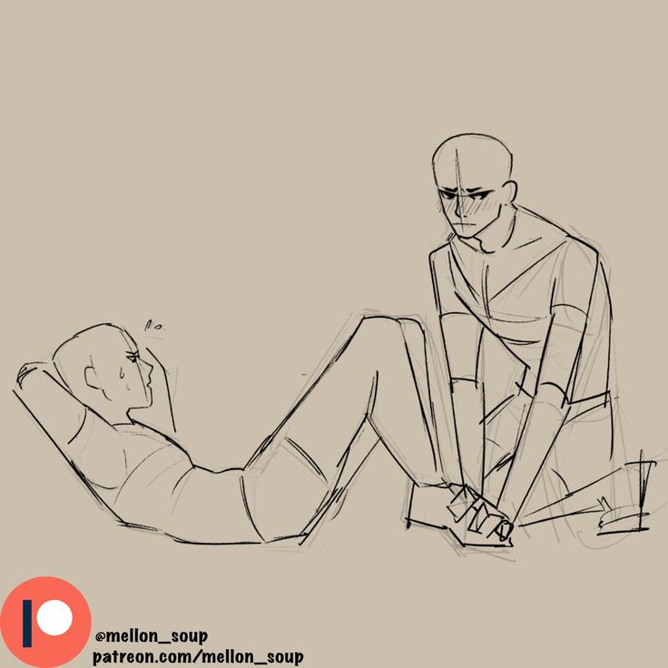 this is a sketch of two males. one male is laying on his back doing a sit up, while the other male is sitting next to him. the male on the ground is putting his hand on the other male's chest to help him do a sit up. he has a tired expression on his face and the male sitting down looks concerned.