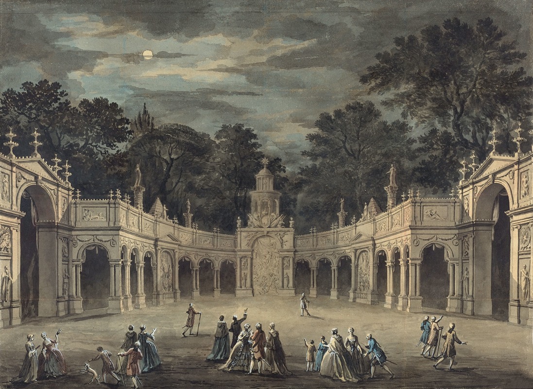 the image depicts a courtyard or garden scene at night, possibly a drawing or painting. a group of people is gathered in the center of the courtyard, illuminated by moonlight filtering through the cloudy sky. the moon is visible in the upper part of the image. the courtyard is surrounded by a colonnade with arches and statues adorning the structure. beyond the colonnade, trees create a dark backdrop, enhancing the night atmosphere. a fountain stands at the far end of the courtyard, serving as a focal point. the scene conveys a sense of grandeur and nocturnal activity.