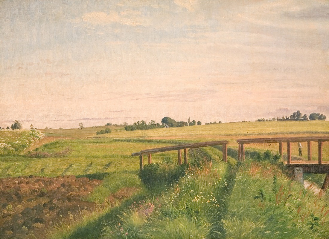 a landscape painting featuring a rural scene. the image showcases a field with various vegetation, including wildflowers and tall grasses. a small wooden bridge with a figure standing on it spans over a ditch or stream. to the left, there's an area of plowed land. the horizon is visible in the distance under a soft sky.