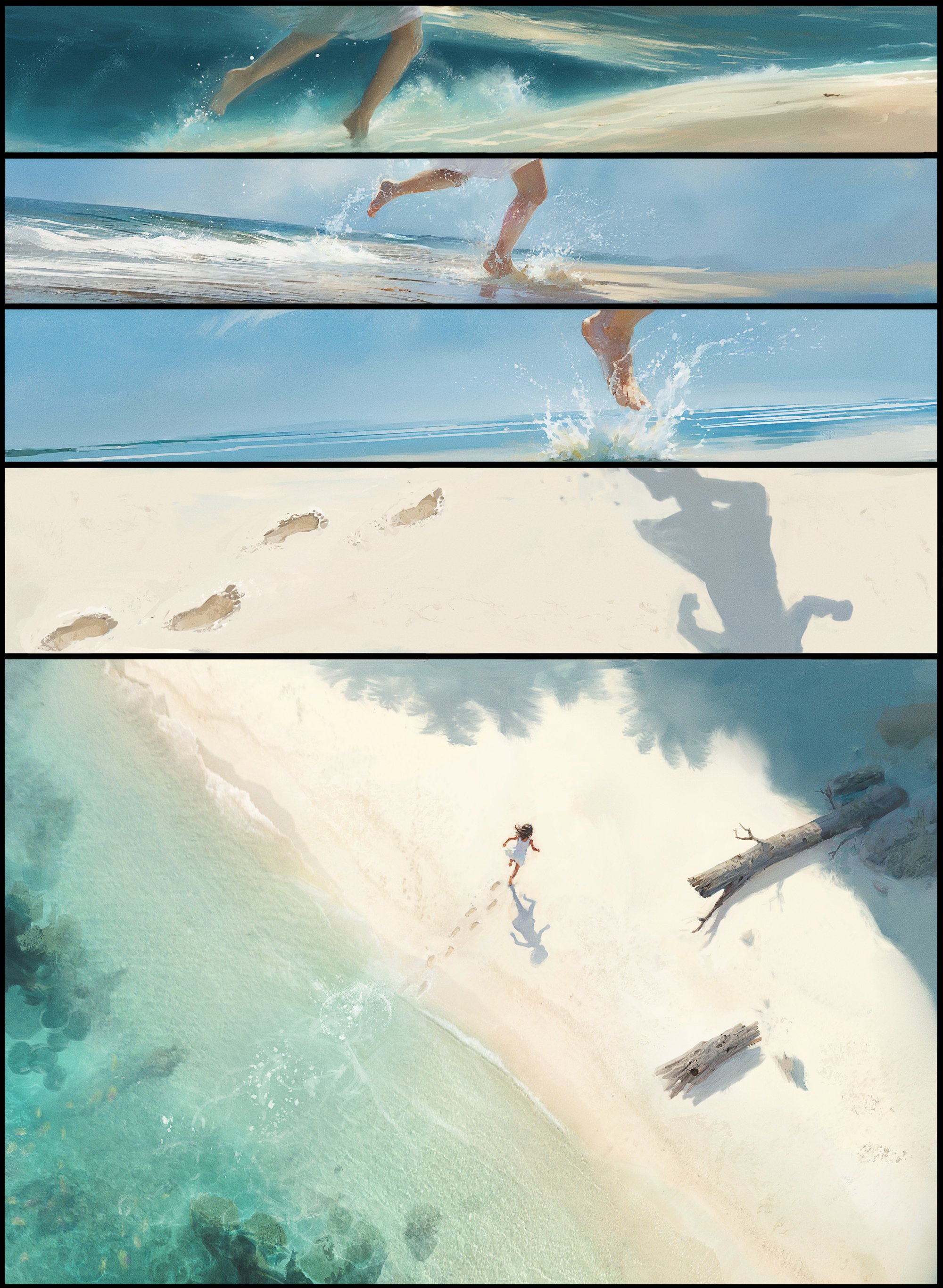 a series of images showing a person running on a beach. the first image shows legs running through shallow water, followed by a shot of feet splashing in the surf. the next image is a closeup of a footprint in the sand, along with a shadow. the final image is an aerial view of a person running along the beach, leaving footprints in the sand, next to the ocean. there is also some driftwood on the beach. the water is turquoise in color.