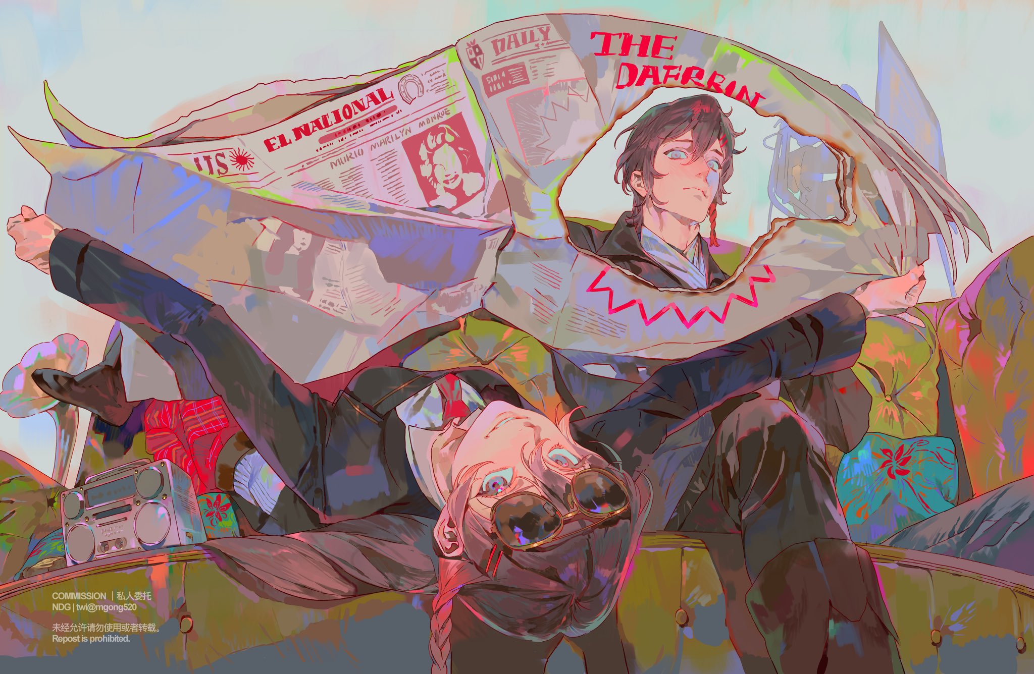 an animestyle illustration depicts two male figures reclining on a couch. one figure is lying down, wearing sunglasses and a suit, with his head tilted back. the other is sitting up, partially obscured by a large newspaper with headlines including "el nacional" and "murio marilyn monroe" on one side, and "the dafrrin" on the other. a vintage radio sits on the couch. text at the bottom displays commission information in both english and another language. the overall style is colorful and stylized.