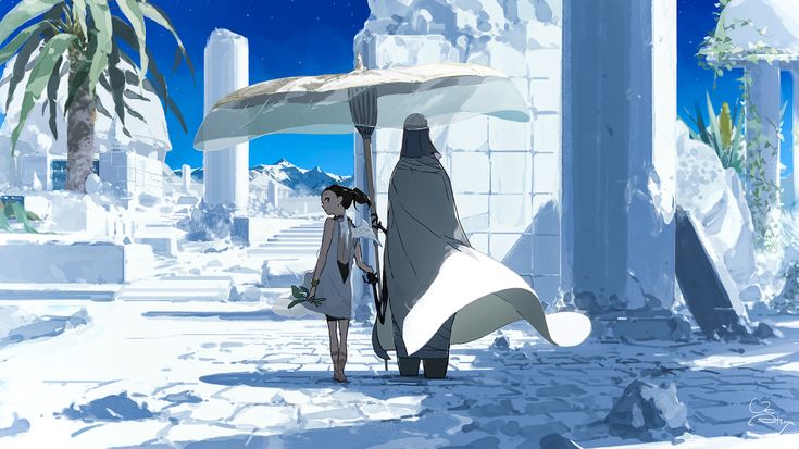 the image is a digital painting or illustration in an anime style. it depicts a fantasy landscape of white ruins under a blue sky. two figures, a girl and a cloaked person, are walking away from the viewer towards a mountain range in the distance. an umbrella is held above them. the style is evocative of a dreamlike or magical setting. the colors are predominantly white, blue, and grey, with touches of green from the palm tree and the girl's dress. the overall mood is peaceful and somewhat mysterious.