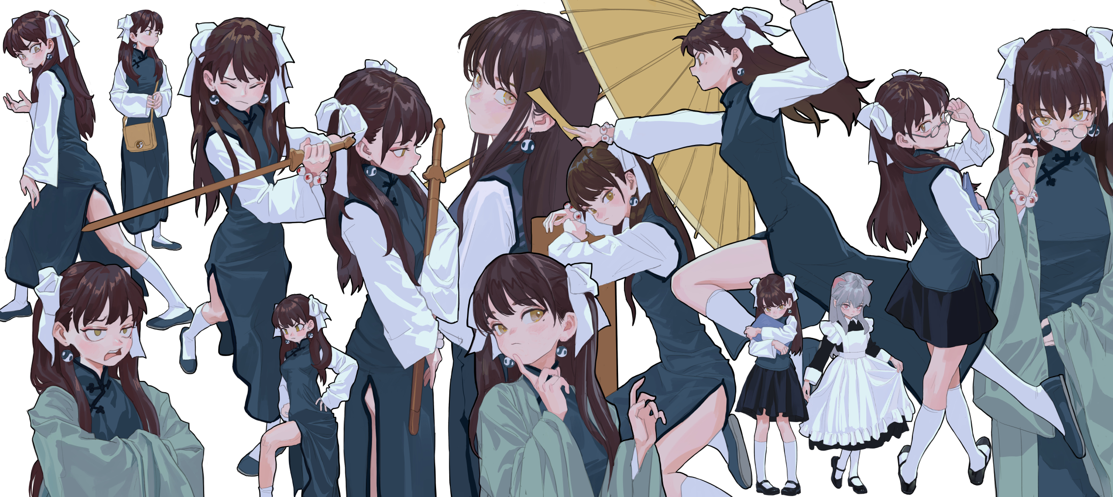 an illustration featuring an anime girl with brown hair and a white ribbon in her hair, depicted in multiple poses wearing traditional clothing like a qipao, sometimes with a sword or parasol. some poses include her wearing glasses or a maid outfit. the earrings she is wearing seem to have a yin yang design.