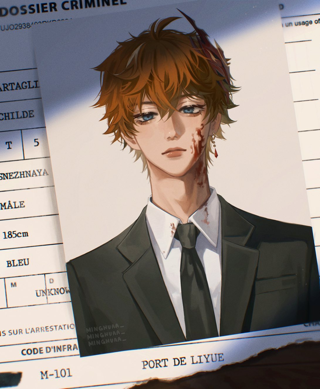 the image is a stylized digital fanart depicting tartaglia (childe) from genshin impact. he's presented as a mugshotstyle police sketch, with a formal suit and visible injuries, suggesting a story behind his arrest.  the art style is reminiscent of anime, focusing on detailed rendering of his face and hair, while the background features a slightly aged and torn police file or dossier with text visible in french and possibly english. the details include his height (185cm), and apparent location of arrest (port de liyue).  the overall mood is a mix of seriousness and intrigue.