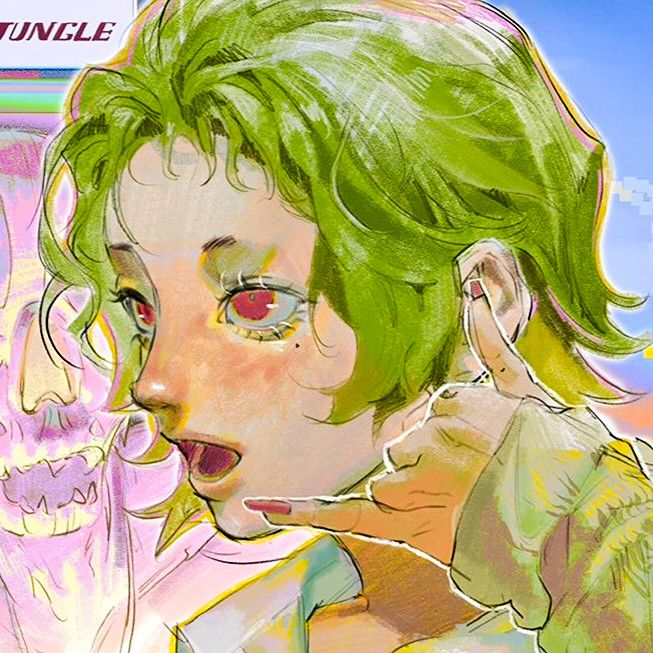 this is a digital illustration of an anime woman with green hair, she has her hand in a phone call gesture in the foreground of the image. the background is abstract and colorful, including a transparent image of a skull.