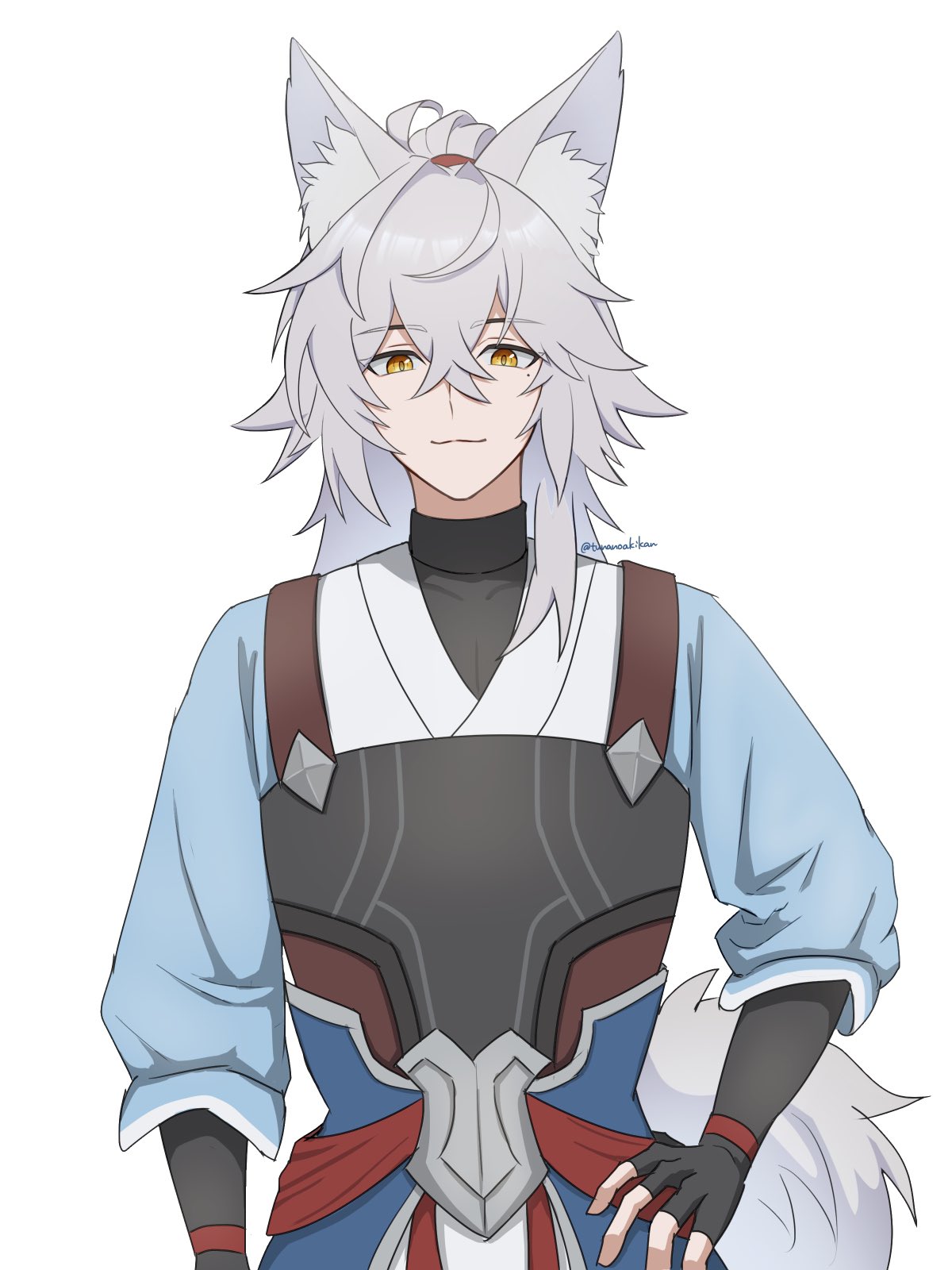 an anime character with white hair and wolf ears. they are wearing a blue shirt with armor and holding a sword. the character has yellow eyes and a serious expression. the art style is digital and has a soft color scheme.