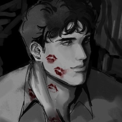 a black and white illustration of a man with dark, curly hair and a contemplative expression. he is shown from the chest up, turned slightly to the side, with his gaze directed offcamera. multiple red lipstick kiss marks are visible on his neck and jawline.