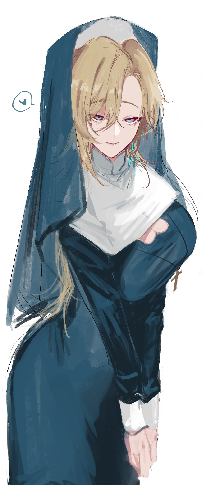 a beautiful anime girl with blonde hair and blue eyes is dressed as a nun. she is wearing a black dress with a white collar and a white scarf. she is looking at the viewer with a smile on her face.