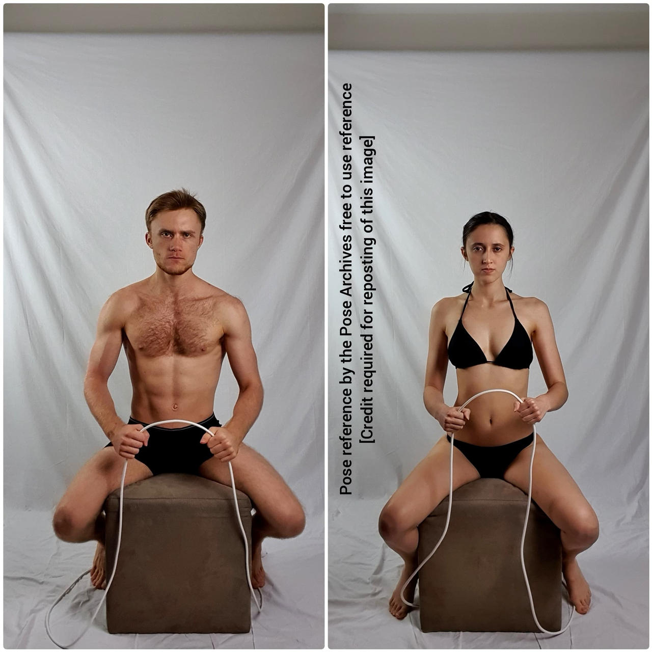 a man and a woman are posing in a studio setting. they are both shirtless, with the man wearing only shorts and the woman wearing only a bikini bottom. they are both sitting on identical stools and holding a white cable in their hands. the background is a plain white wall. the image appears to be a reference for artists.