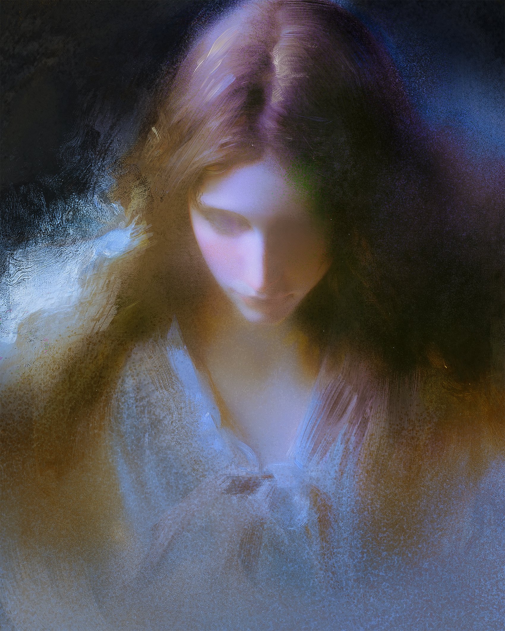 the image is a stylized portrait of a young woman with long, auburn hair.  the style is painterly and impressionistic, with a soft focus and blurred details. the colors are muted, predominantly blues and browns, creating a dreamy and ethereal atmosphere. the woman's expression is pensive and serene, her gaze directed downward. the background is dark and indistinct, drawing focus to the subject. the overall effect is one of mystery, calmness, and romanticism.  the painting style suggests a blend of digital and traditional techniques, possibly oil painting or a highlyrefined digital reproduction mimicking oil painting.
