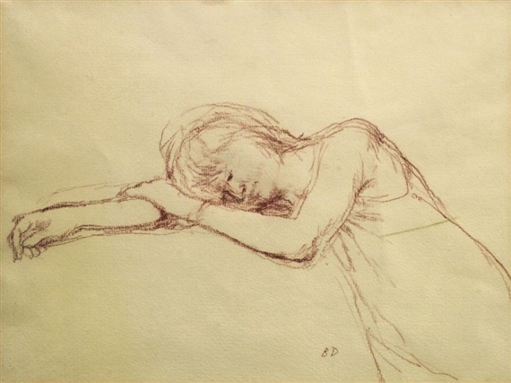 a sketch of a woman lying down with her arms supporting her head. the drawing is in brown ink on lightcolored paper. her body is slightly angled, and her head is turned to the side. the artist's signature, "bd," is in the lower right corner.