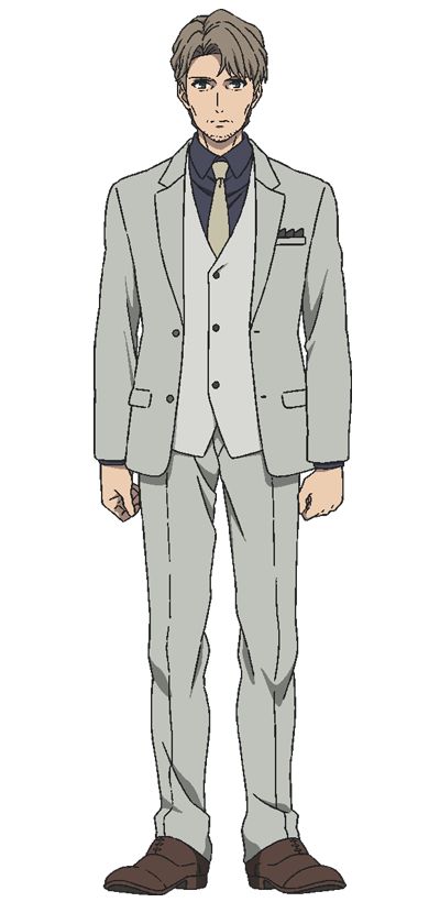 a cartoon drawing of a man in a grey suit standing on a white background. he has short brown hair and is wearing a white shirt with a blue tie. he is clean shaven but has some stubble. he is standing with his feet slightly apart and hands to the side.