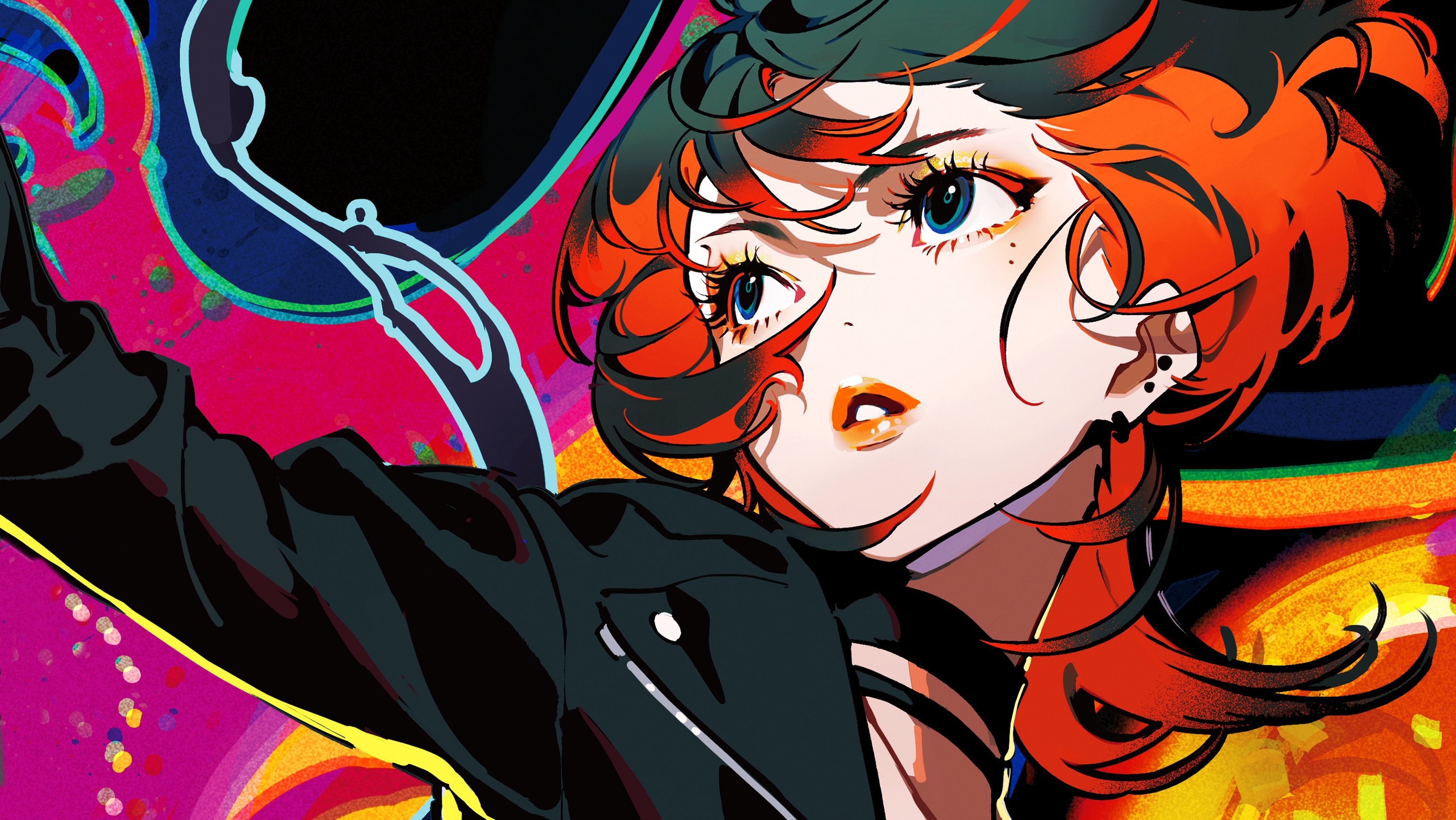 the image features a stylized drawing of a young woman with a dynamic pose set against a vibrant and abstract background. she has striking red and black hair and wears a black jacket, exuding a sense of style and attitude.  her intense gaze and slightly parted lips hint at a story waiting to unfold. the background is an explosion of colors, adding to the overall energy and visual impact of the image.