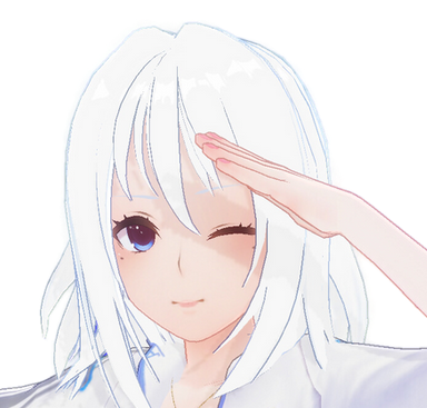 an anime girl with white hair and blue eyes is saluting with a wink. she has fair skin and is wearing a white shirt with blue trim. the lighting is soft and the image is a closeup.