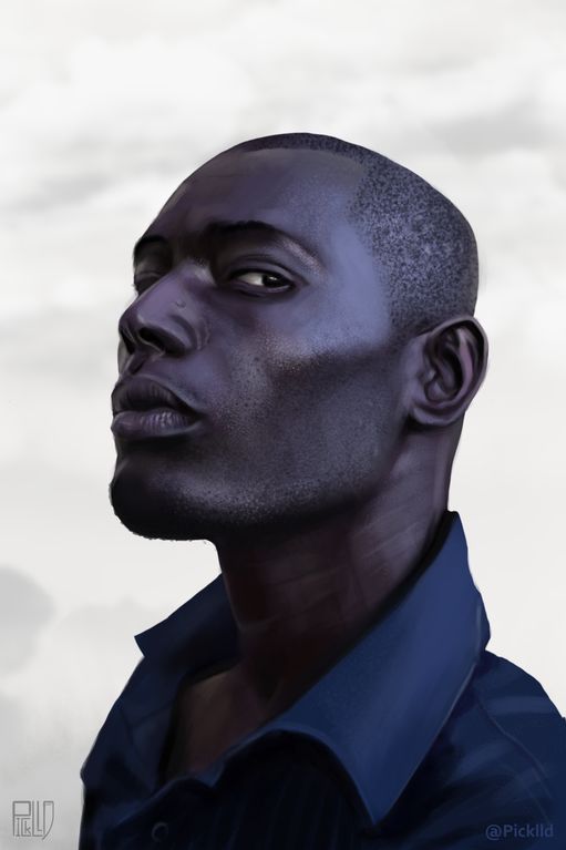 a digitally illustrated portrait of a black man looking up towards the sky.  he has short hair and is wearing a blue collared shirt. the background is a light gray with hints of clouds.