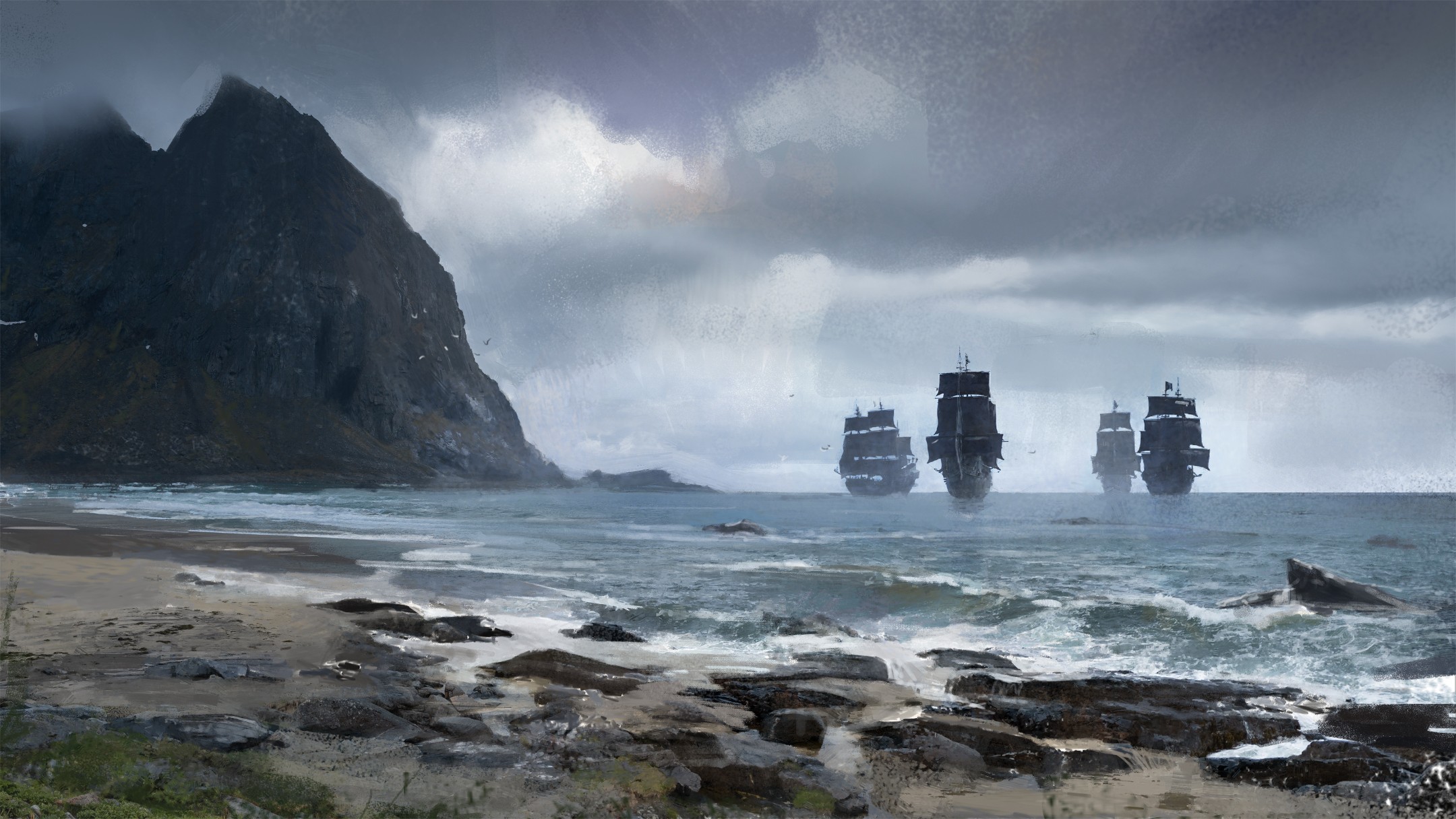 the image is a digital painting depicting a dramatic seascape. three large, darksailed galleons sail towards a rocky coastline under a stormy, cloudy sky.  the shore is a mix of sand and dark, jagged rocks, with waves gently crashing. a large, dark mountain or cliff dominates the left side of the frame. the overall atmosphere is moody and evocative, suggesting adventure and perhaps a sense of mystery or danger. the style is painterly, with visible brushstrokes contributing to the atmospheric quality.
