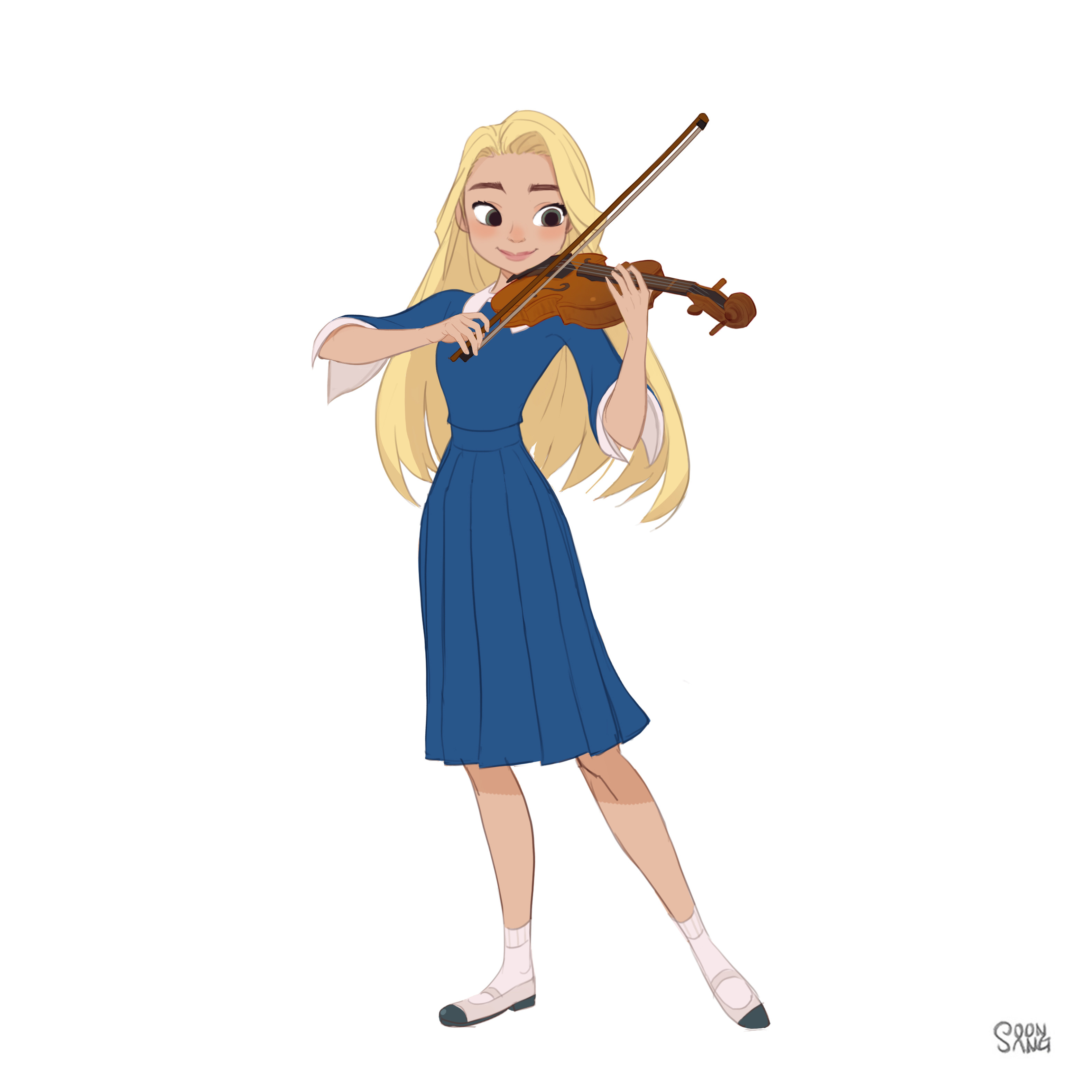 the image shows a young girl with long blonde hair wearing a blue school uniform dress, white socks, and black shoes. she is standing and playing a violin with a happy expression on her face. the background is plain white, suggesting a studio setting. the lighting is soft, creating a gentle and inviting mood.