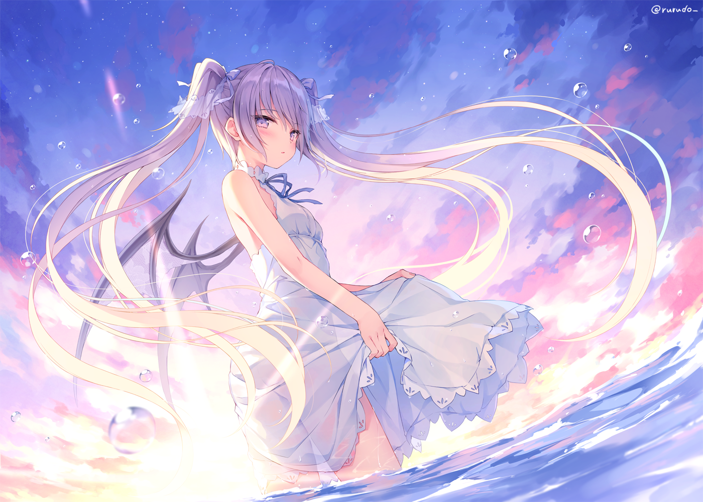 he image is a digital painting or illustration of an anime girl with long, blonde twintails and a light purple dress. she has a pair of small, dark wings on her back. she is standing in the shallows of an ocean, facing to the left side of the image. the sky is a soft pastel color with clouds and bubbles. the overall style is dreamy and whimsical.