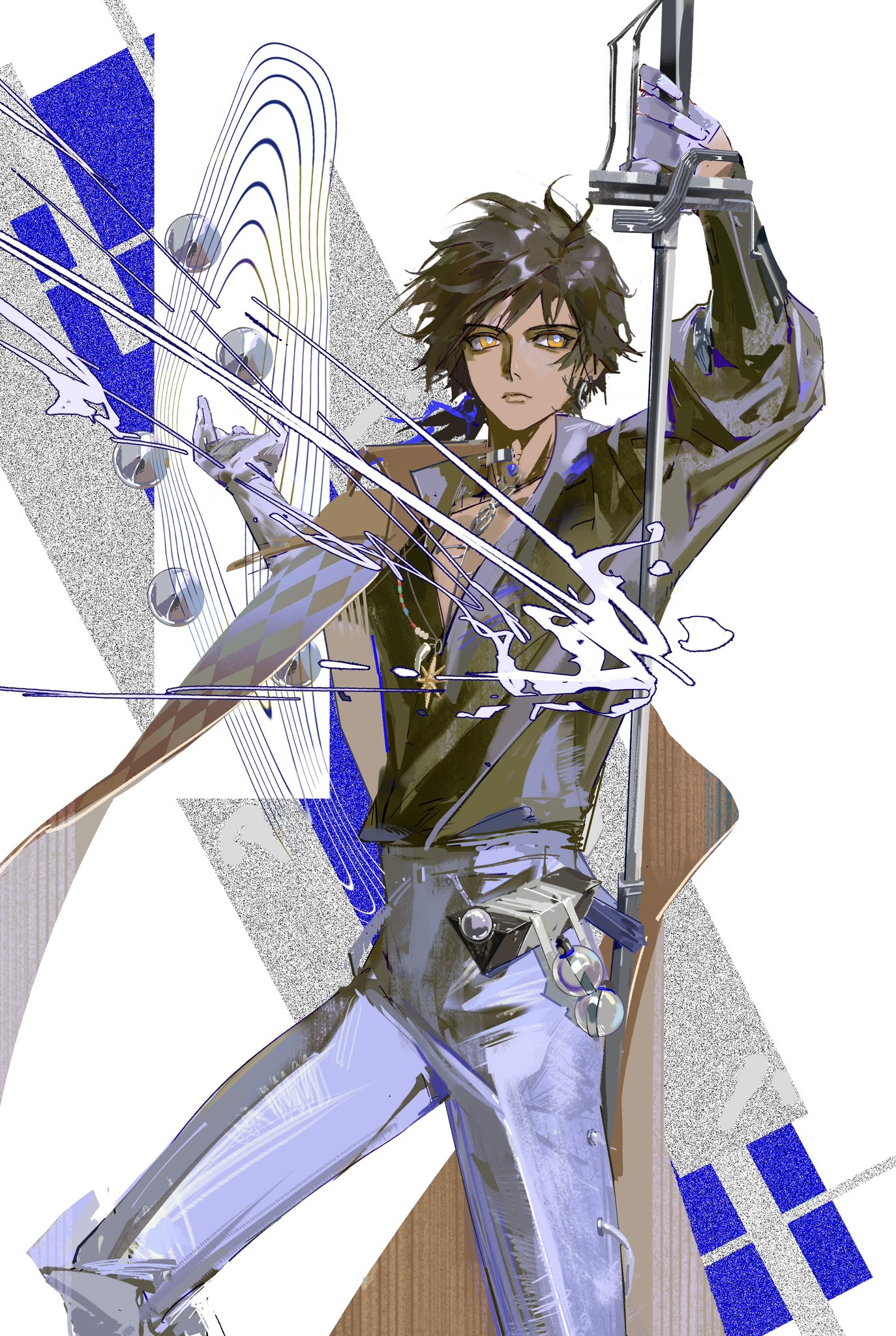 the image is a vibrant digital illustration in an anime or manga style. it features a male character with long, dark hair, dressed in a stylish, futuristic outfit.  he holds a long, sleek sword or staff, and his pose is dynamic and actionoriented.  the background is abstract and incorporates geometric shapes, mainly in blues and silvers, with swirling lines that suggest movement and energy.  particles or energy effects are visible around the character's hands.  the overall aesthetic blends fantasy elements with modern stylistic choices, creating a visually striking and powerful image.