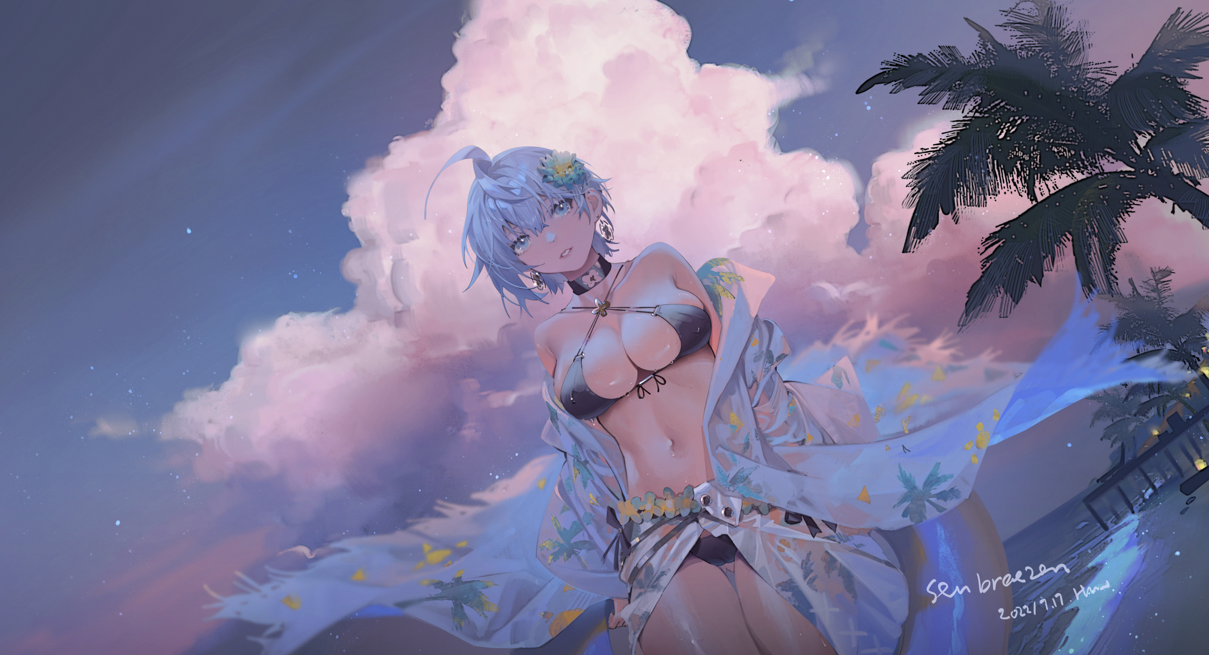 the image is a digital painting of an animestyle girl with short, light blue hair. she is wearing a darkcolored bikini and a light blue and white kimonolike beach coverup. she has a flower in her hair and a choker necklace.  the background is a beautiful beach scene with a pink and purple sunset, fluffy clouds, and palm trees. the overall style is dreamy and romantic. the girl appears to be happy and relaxed, enjoying the summer beach vibe.