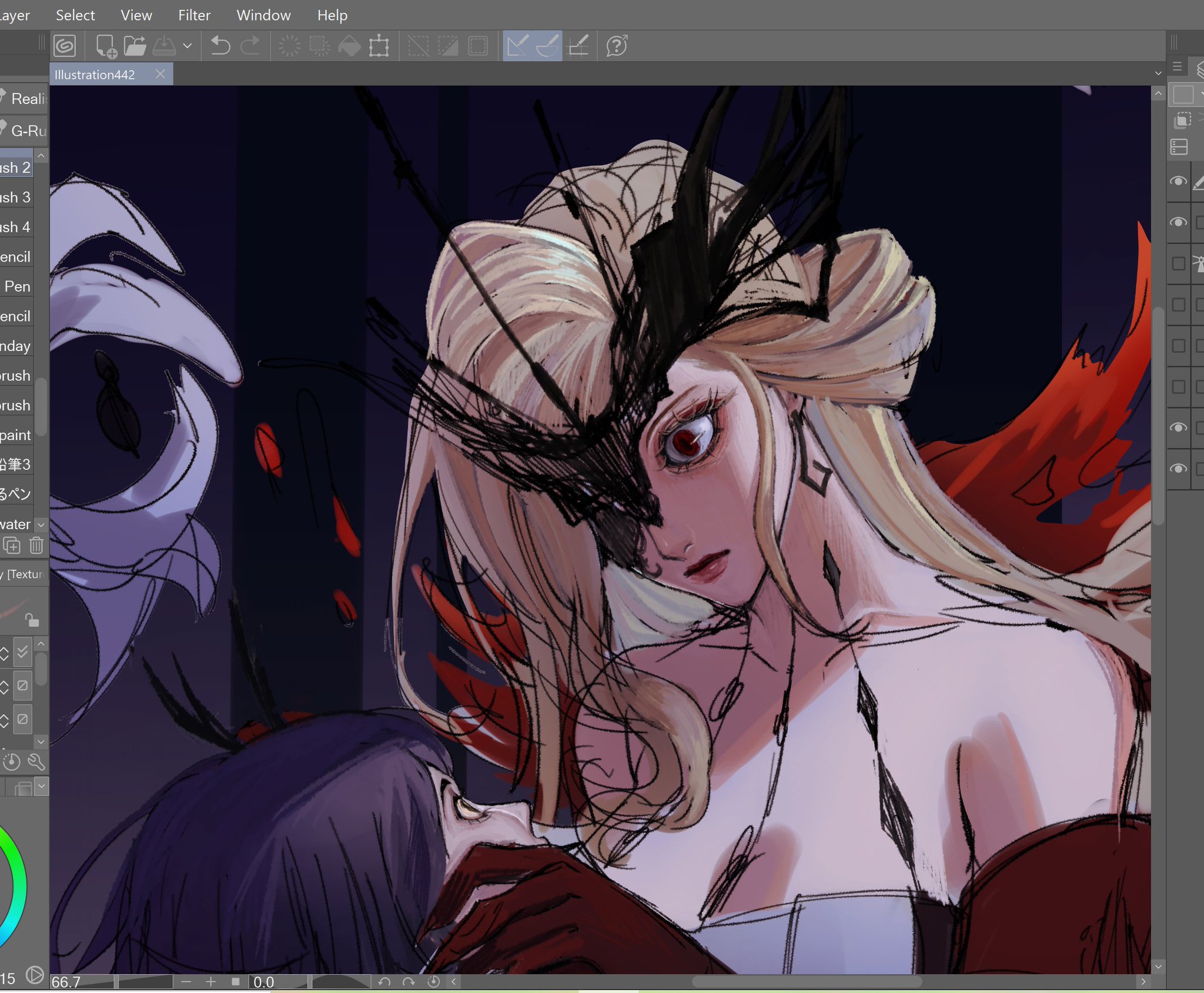this is a digital artwork featuring a closeup portrait of two anime women. the foreground figure is a blonde woman with a black mask over her eyes. she wears a red dress and looks emotionless. behind her is a young girl with black hair who looks fearful. the art is stylized and welldetailed. the lighting is dramatic and creates a strong sense of contrast and depth. the overall mood of the artwork is mysterious and somewhat ominous.