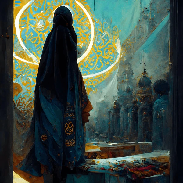 the painting depicts a woman in a blue robe and head covering, standing in a doorway and gazing out at a city. the doorway is framed by an archway with intricate blue and gold islamic calligraphy. the city beyond is rendered in muted blues and yellows, with minarets and domes rising in the distance. the lighting is soft and atmospheric, creating a sense of peace and tranquility. the overall effect is one of mystery and beauty, inviting the viewer to contemplate the scene and the woman's place within it.