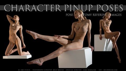 the image shows a collage of three different pinup poses of a female model. the poses are set against a black background. the models are wearing lightcolored, formfitting clothing that accentuates their anatomy. the image is titled "character pinup poses," and the text also mentions "pose anatomy reference images". the models are positioned on or around white cubes. the overall composition suggests that the images are intended as reference material for artists studying anatomy and character design.