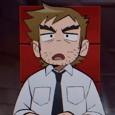 the image depicts a cartoon drawing of a man with short brown hair and stubble. he has a surprised and somewhat concerned expression on his face, with raised eyebrows and wide eyes. he wears a white buttondown shirt with pockets, a dark tie, and is positioned against a red background. the art style is reminiscent of western comics and cartoons.