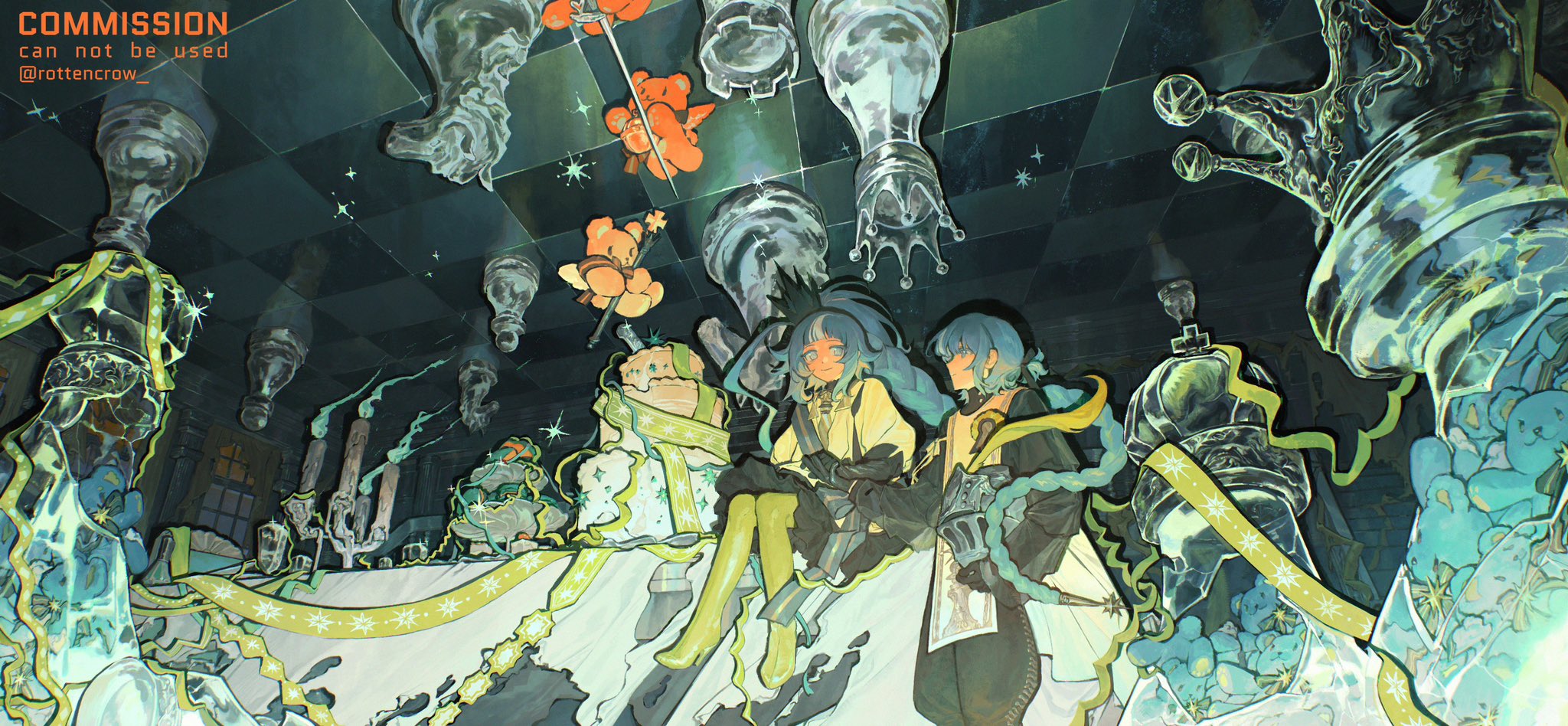 the image is a fantasythemed illustration of a scene with two female characters in the center, surrounded by chess pieces. the two characters are in a room that appears to be a chessboard. the chess pieces are oversized and have a glasslike appearance. there are also teddy bears scattered around the room. the characters are wearing clothes that reflect the color palette of the room, which is primarily blue, green, and yellow.  the image is very whimsical and dreamlike. it suggests a story of magic and adventure.