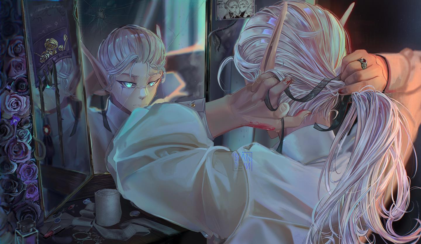 the artwork depicts an elf with long, white hair tying their hair up into a ponytail in front of an ornate mirror.  the elf's reflection is visible in the mirror, offering a slightly different perspective. the scene is set in a dark, gothicstyled room with dark roses visible near the mirror. there's a subtle suggestion of injury, with what appears to be blood on their hand. the elf's expression is pensive and somewhat melancholic.  the overall style is atmospheric and dramatically lit, emphasizing the dark and elegant aesthetic. the level of detail in both the character and the environment is quite high, giving a very polished, professional feel.