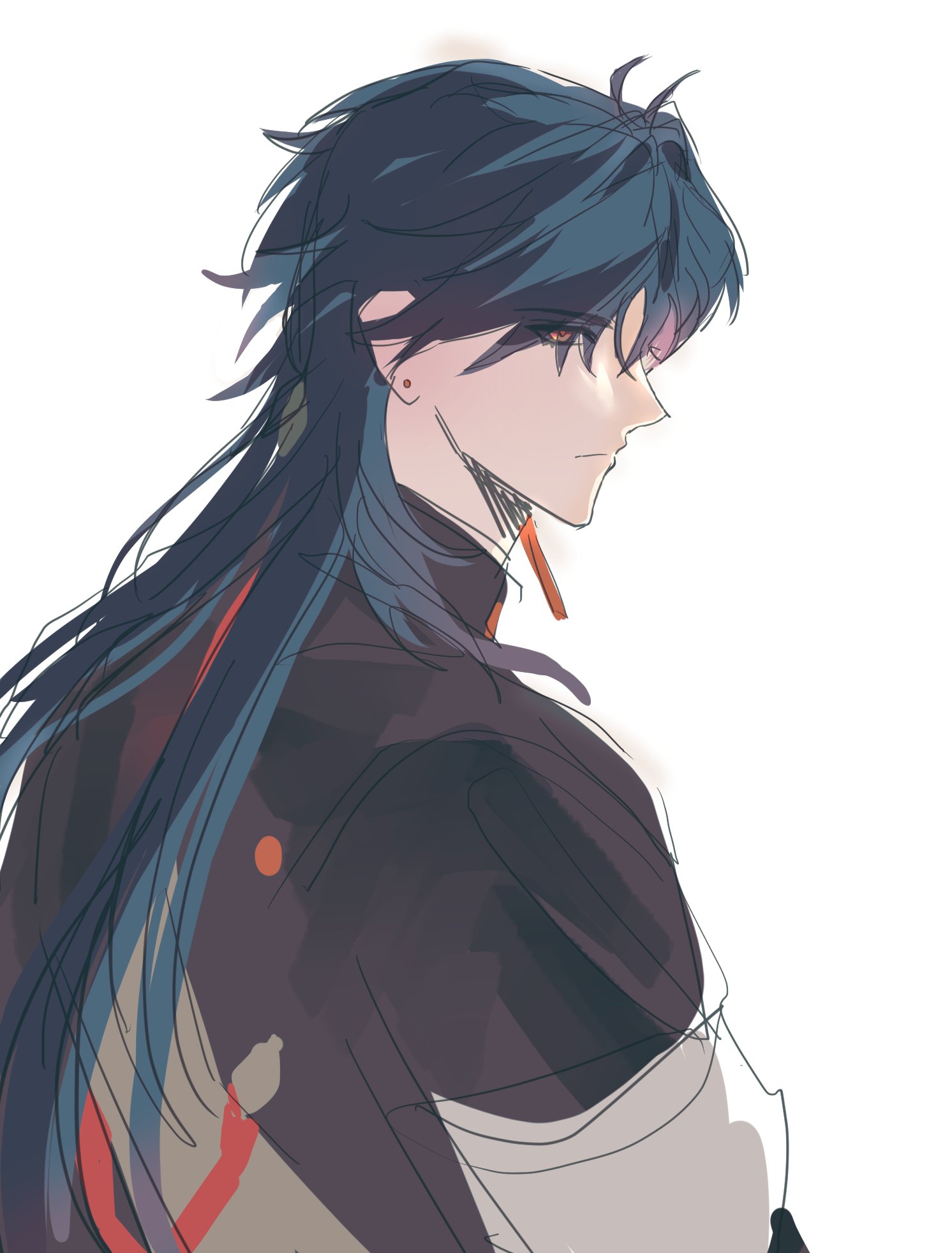 an animestyle illustration of a male character with long blue hair, red eyes, and a serious expression. he is wearing a black jacket and has a single red earring. the background is a simple white. the character is drawn in a stylized, slightly sketchy manner.  the character's long hair is flowing behind him and partially obscuring his face.