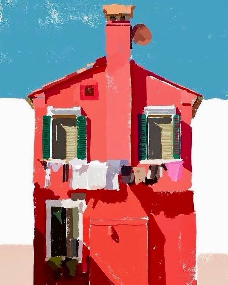 the image is an illustration or painting of a bright red house, likely in an italian town, with laundry hanging from the windows. the style is slightly abstract and uses bold colors. the house has green shutters and a tall, narrow chimney. there's a sense of warmth and everyday life captured in the scene.