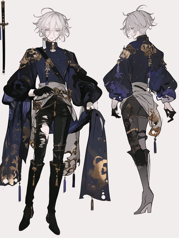 the image showcases a detailed character design, likely from an anime or manga style. it presents a young male character with long, flowing white hair, dressed in an elaborate darkcolored outfit featuring blue and gold accents. the clothing style incorporates elements that appear to blend eastern and fantasy influences.  he is depicted in two poses, a frontal view showing the complete design, and a back view revealing details of the clothing from behind. he carries a sword, further enhancing his fantasy character persona. the artwork is clean and stylish, suggestive of concept art for a game or visual novel. the overall aesthetic is sophisticated and elegant.