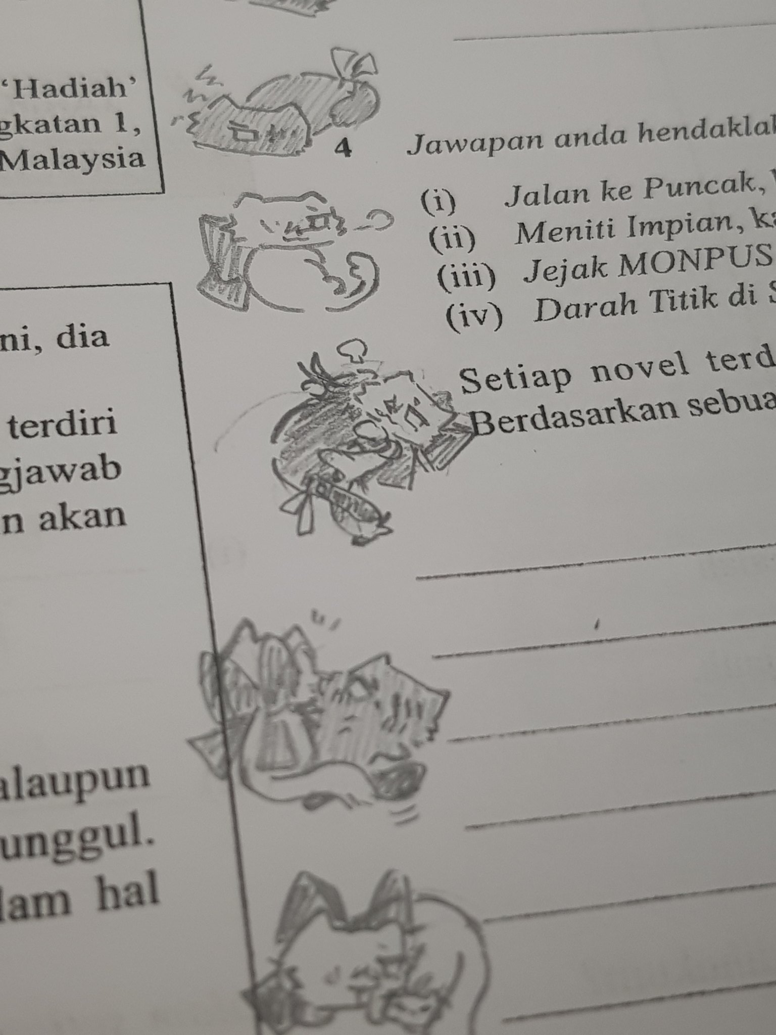 the image is of a page from a book,  with pencil drawings of people. the question is about novels. the answer is in multiple choice format.