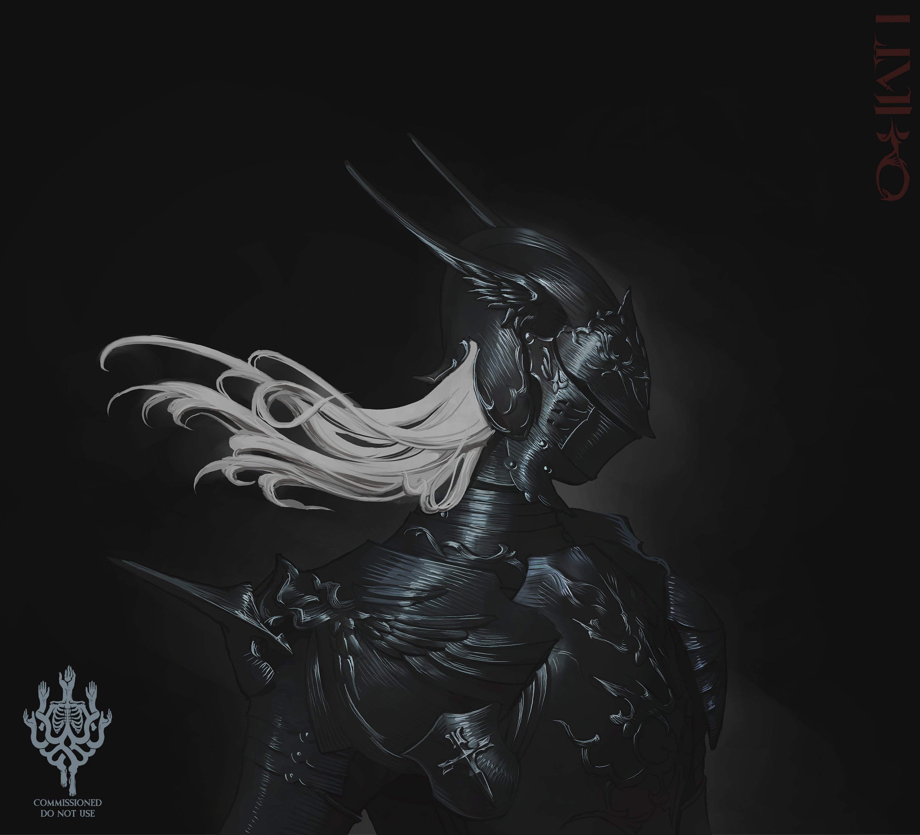 the image is a digital painting depicting a female knight clad in elaborate, dark, almost black armor. the armor is highly detailed with intricate carvings and designs, suggesting a gothic or dark fantasy aesthetic.  her long, flowing white hair contrasts starkly with the dark armor.  the knight is shown in profile, her head slightly bowed, giving a sense of contemplation or melancholy. the background is dark and shadowy, enhancing the dramatic effect.  the artist's signature, "limiπo," is visible in the upper right corner.  a small watermark indicating the artwork is commissioned and should not be used is present in the bottom left. the overall mood is mysterious and brooding.