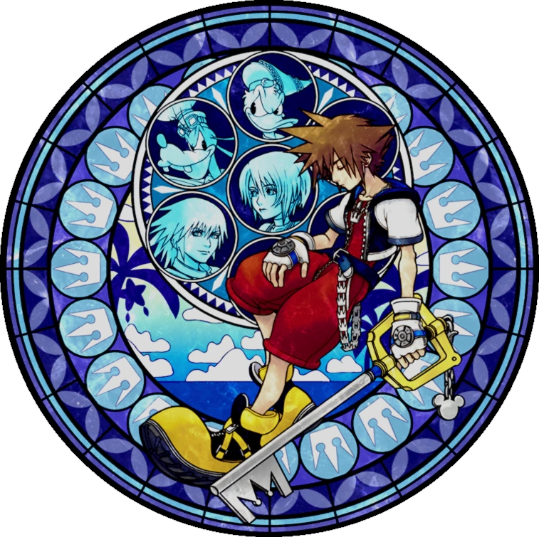 this is a circular stained glass artwork featuring characters and imagery from the video game series kingdom hearts. in the center, sora sits atop his iconic weapon, the keyblade. behind him stand riku and kairi, his two closest friends. above them are donald duck, goofy, and king mickey, who aid sora on his journey. the background features elements of destiny islands, a significant location in the games. the overall color scheme uses primarily blue hues with yellow accents. the style mimics traditional stained glass, with thick black lines separating each section and giving the impression of light shining through the colorful panes.