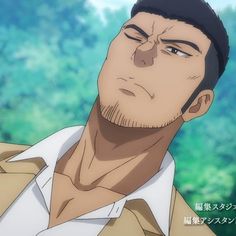 a closeup portrait of an adult male anime character with short black hair and stubble. he has a serious expression and is looking off to the side with a slight smirk. he's wearing an open collared shirt, revealing his chest. the background suggests a forest setting with soft, natural lighting.