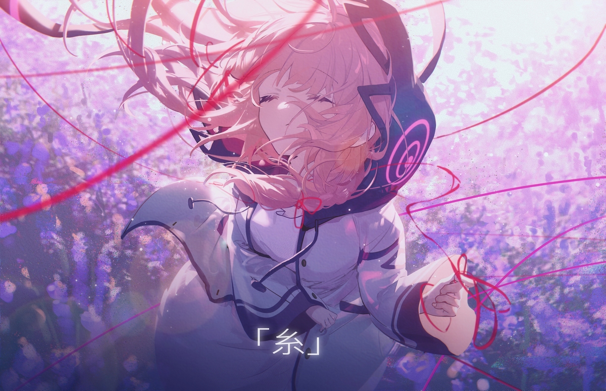the image shows a digitally illustrated anime girl with pink hair, wearing a white hoodie with a dark blue lining and a swirling design on the back of the hood. she is surrounded by a soft purple background with what appears to be a field of flowers. red strings are interwoven around her and the environment. there is japanese text at the bottom of the image. the overall atmosphere is dreamlike and serene.