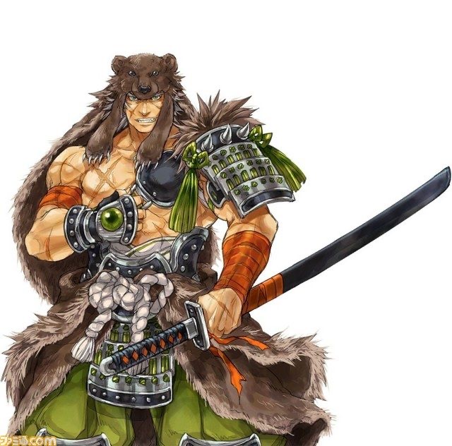 a male samurai warrior with a bear pelt covering his head and body, he is holding a katana sword in his right hand. he is wearing armor with a green and orange color scheme.  he is illustrated in a japanese anime style and has a serious expression on his face.