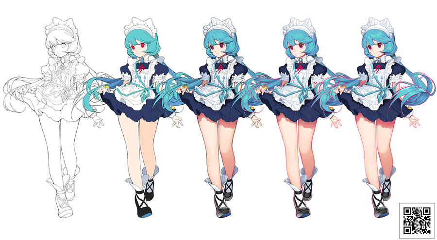 the image shows an anime girl with blue hair, dressed in a maid outfit. there are four versions of the girl. from left to right: a line drawing, a girl colored with flat colors, a girl with shading and detail, and a girl with more detail. the background is white.